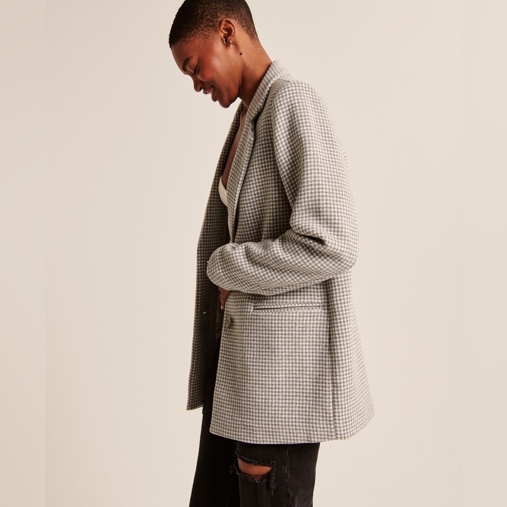 Abercrombie & Fitch Wool Blend Blazer Coat Medium Gray Houndstooth Single Breast - Picture 3 of 16